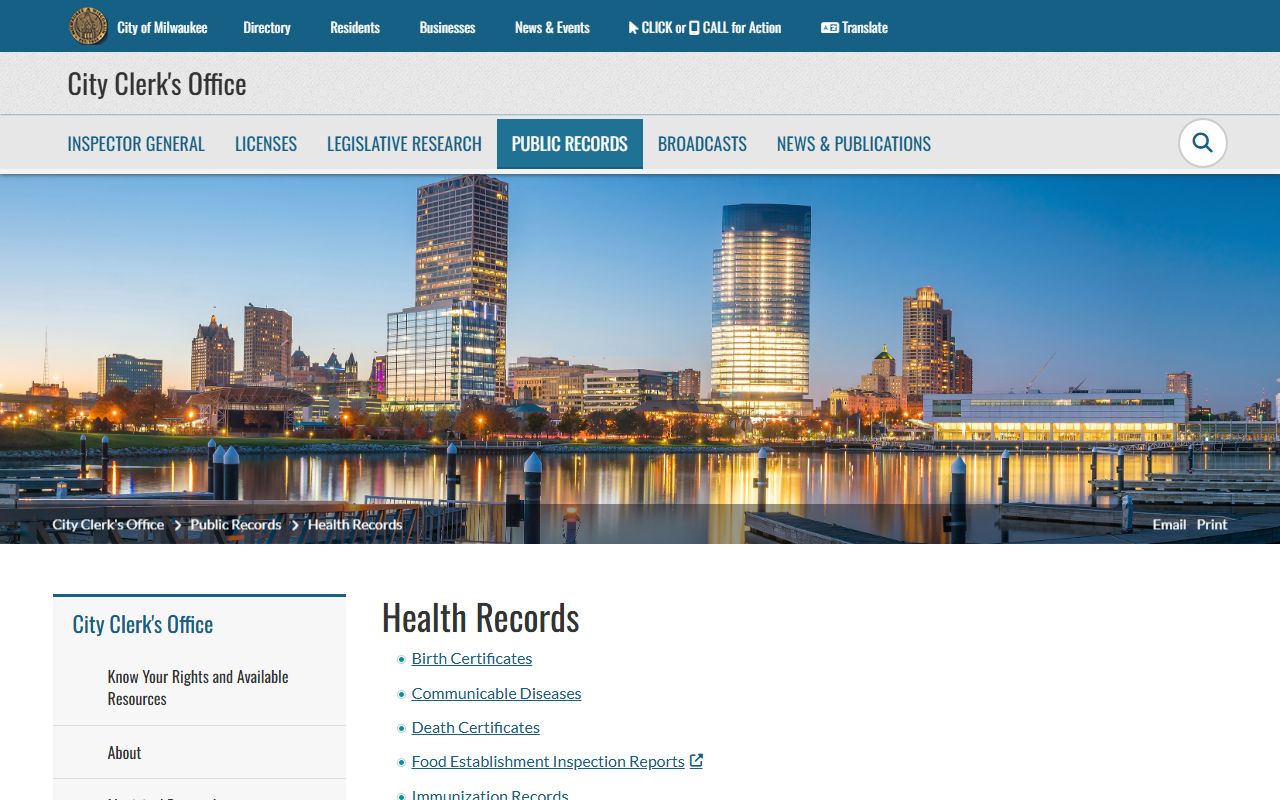 Milwaukee Obituary records on the City Clerk health records page