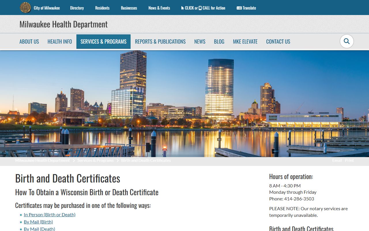 Milwaukee Obituary records at the City of Milwaukee Health Department