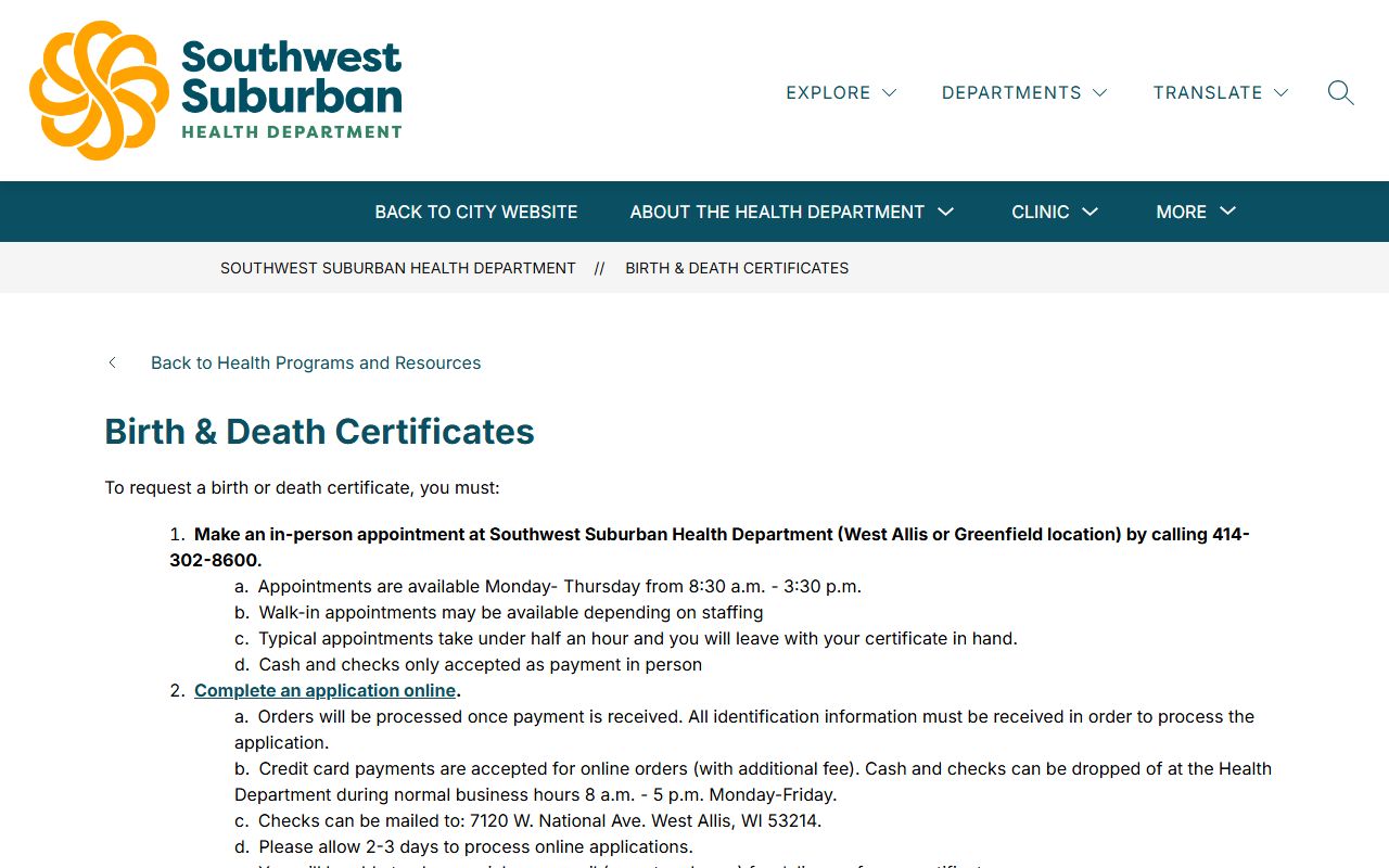 West Allis Obituary records at the Southwest Suburban Health Department