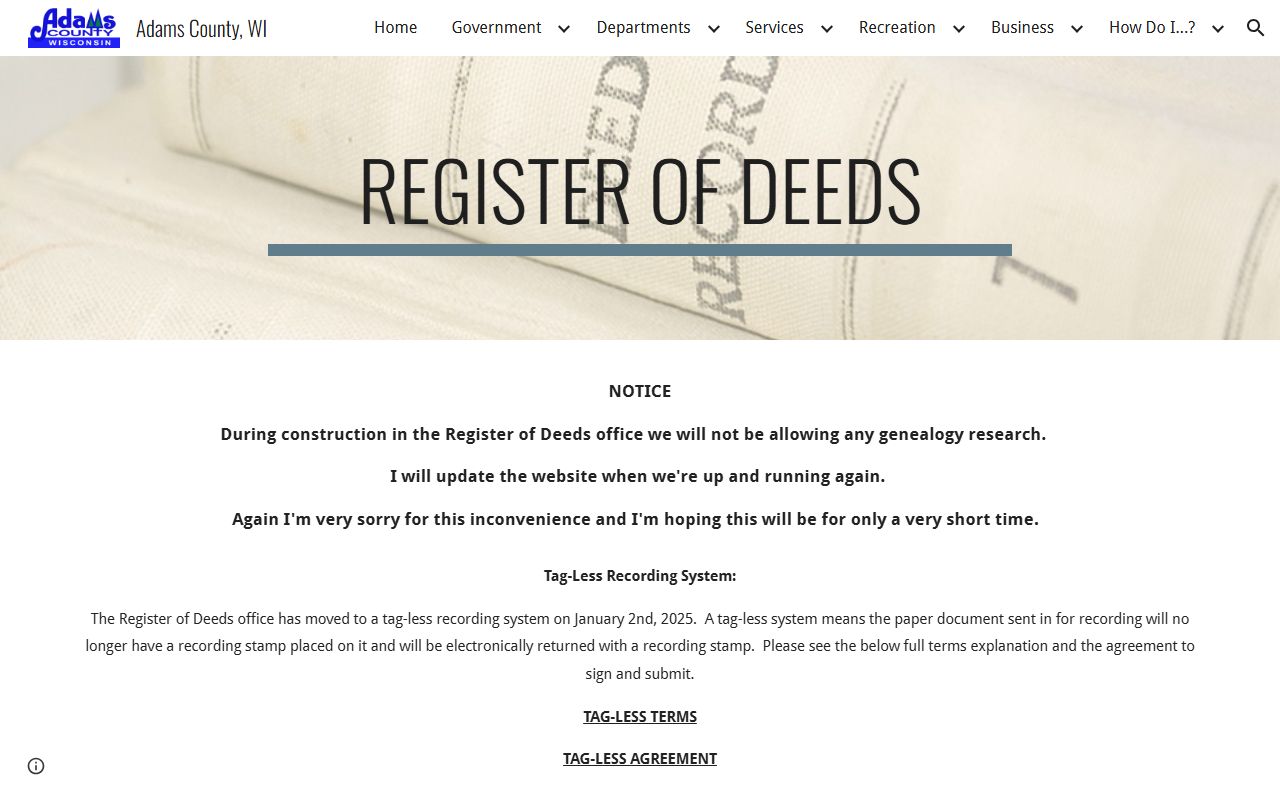 Adams County obituary records at the Register of Deeds