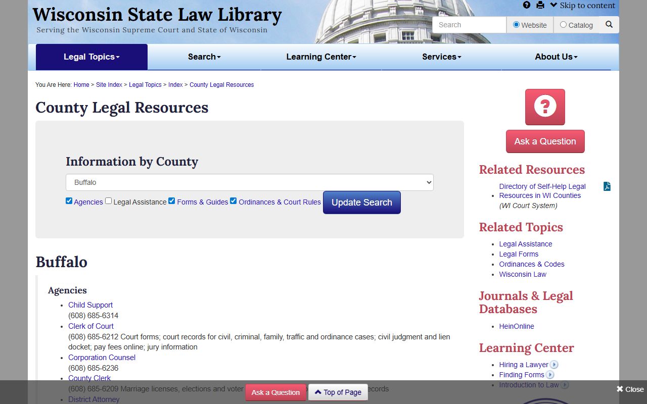 Buffalo County obituary State Law Library directory