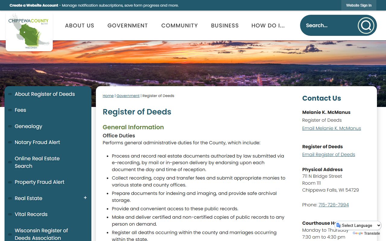 Chippewa County obituary records at the Register of Deeds