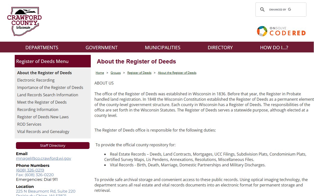 Crawford County obituary records at the Register of Deeds