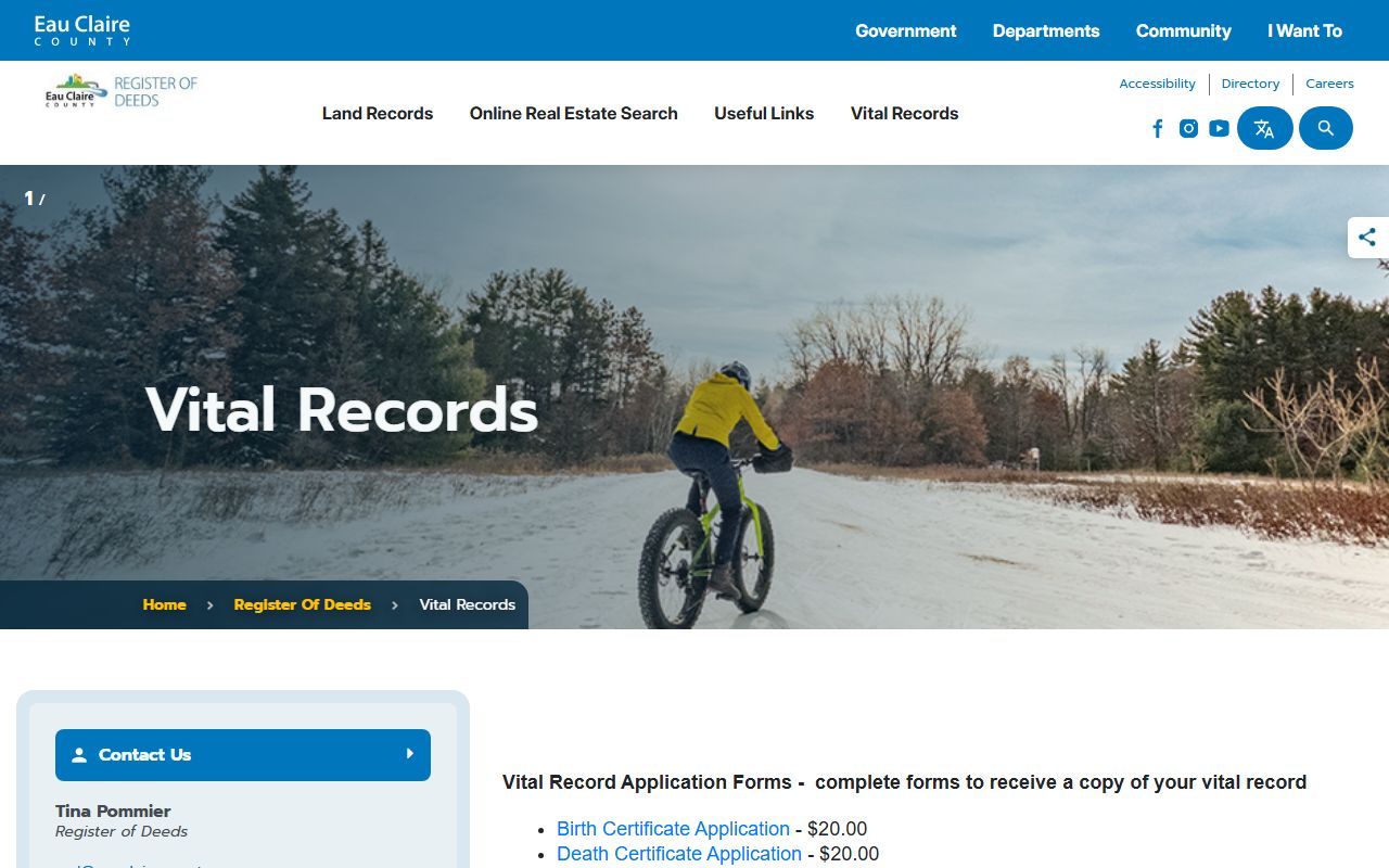 Eau Claire County Obituary vital records request page