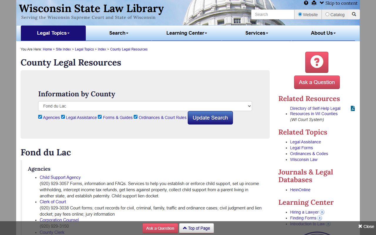 Fond du Lac County obituary State Law Library resources