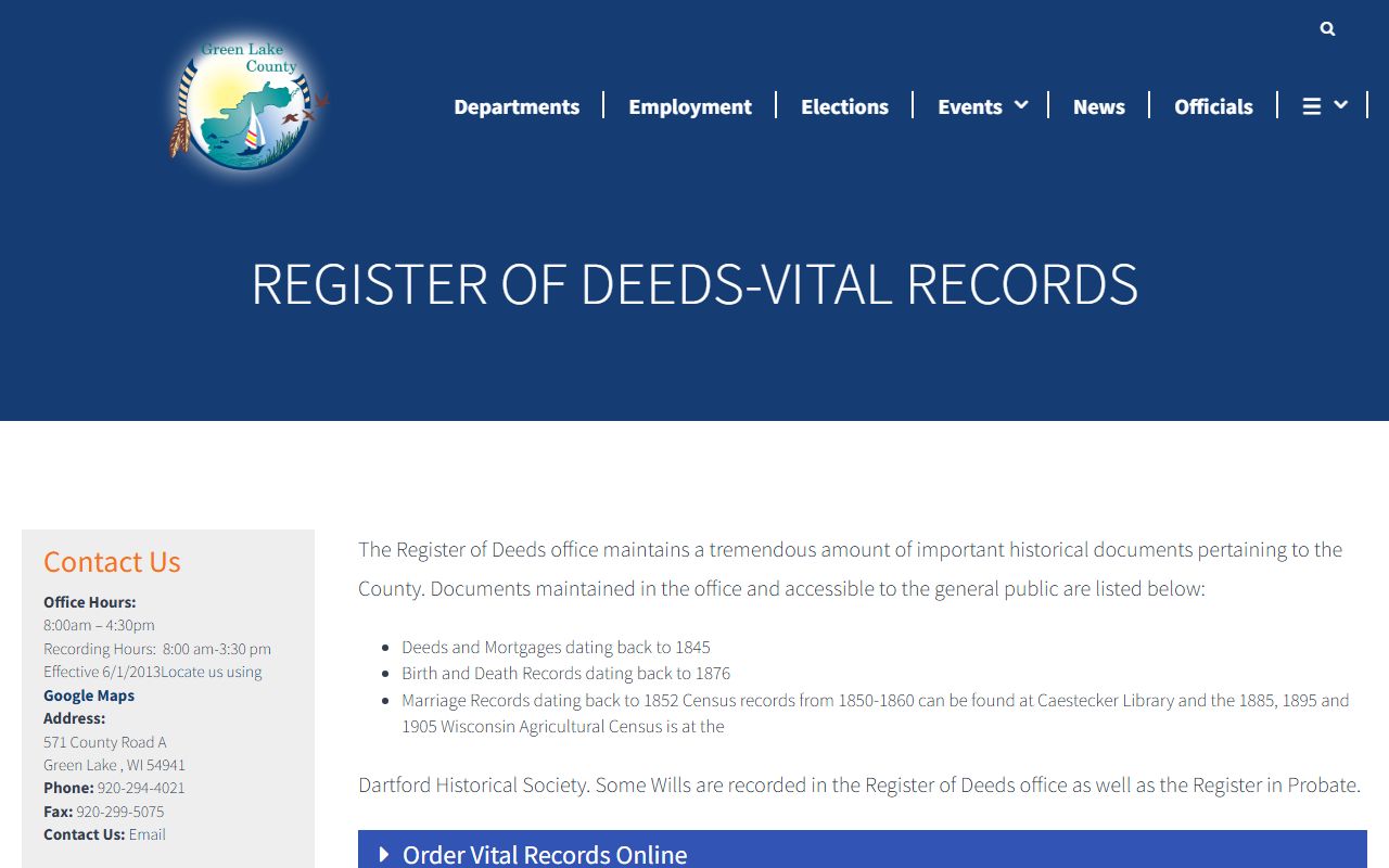 Green Lake County obituary records at the Register of Deeds