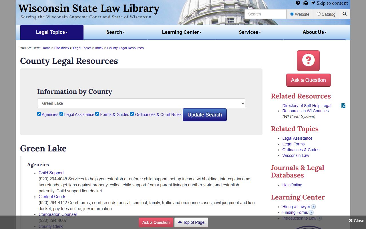 Green Lake County obituary State Law Library resources