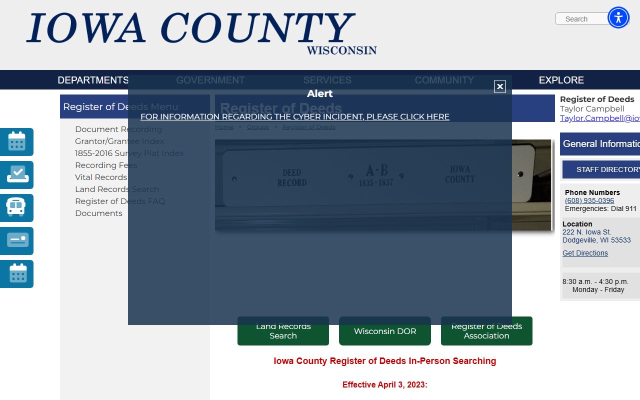 Iowa County obituary records at the Register of Deeds