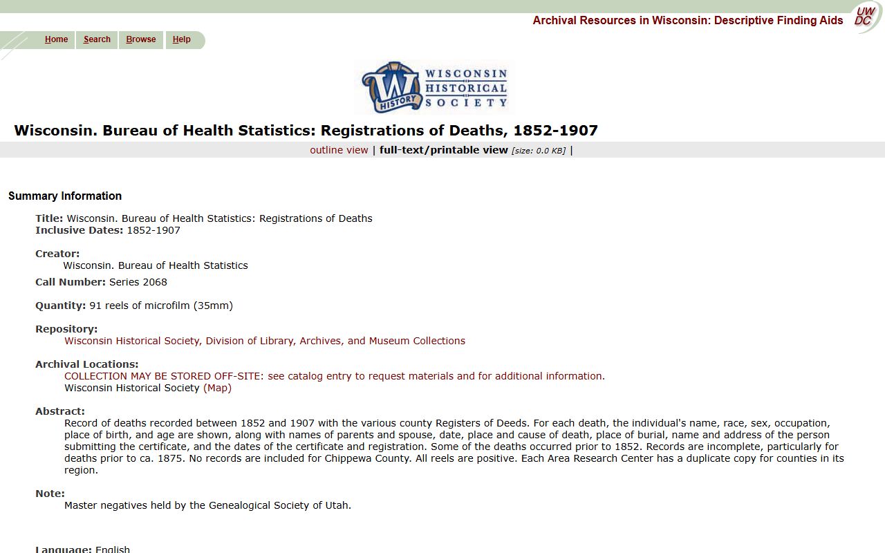 Juneau County obituary archives and death registrations