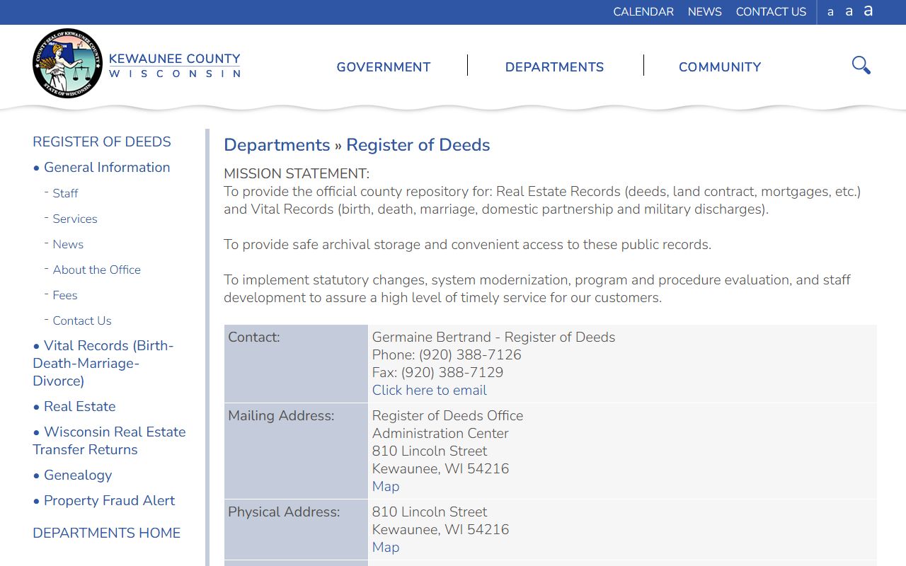 Kewaunee County obituary records at the Register of Deeds