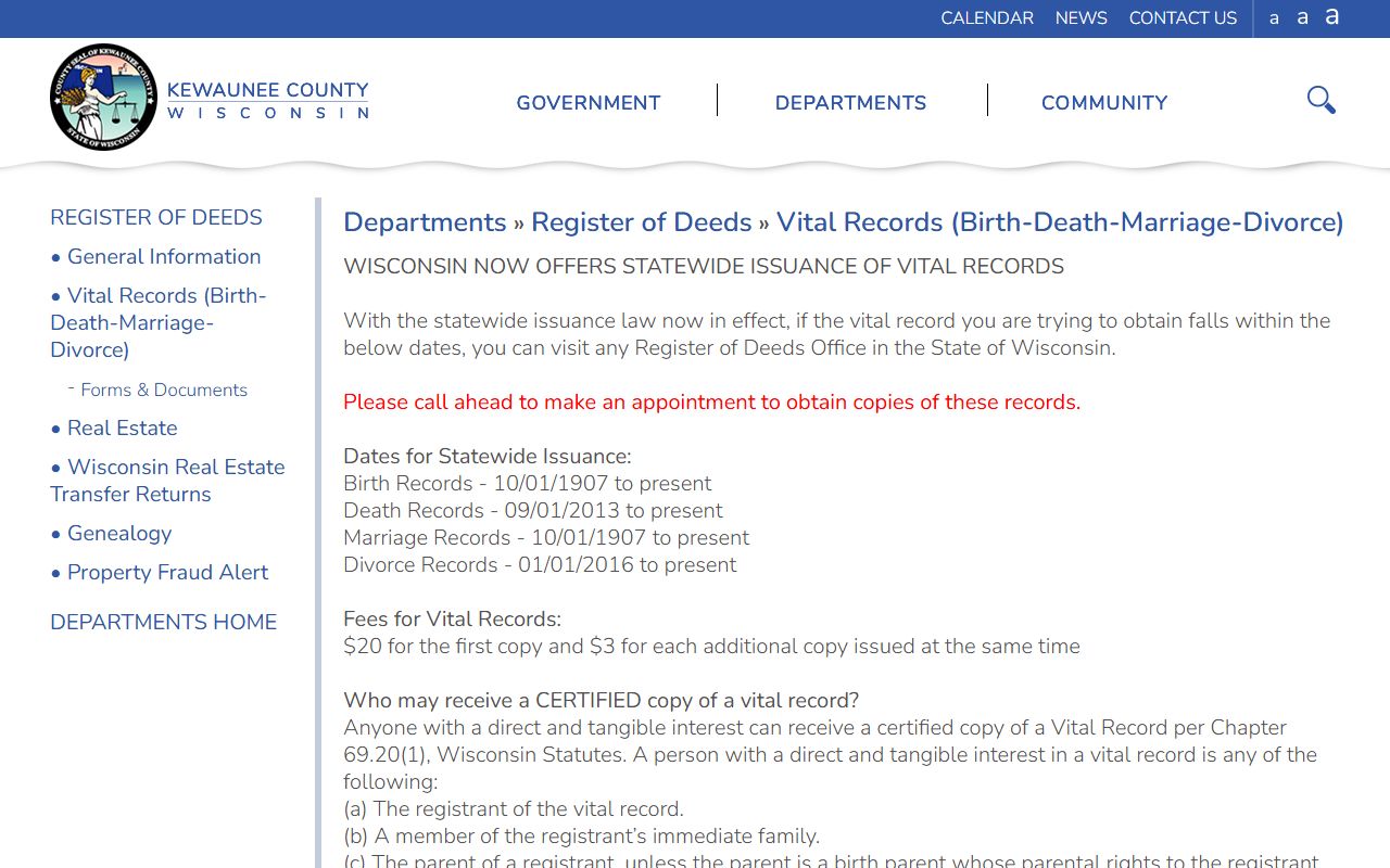 Kewaunee County obituary vital records request page