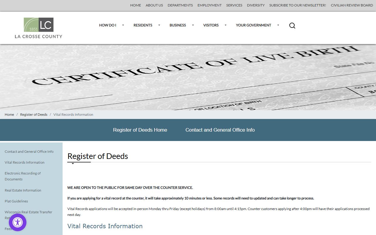 La Crosse County obituary records at the Register of Deeds