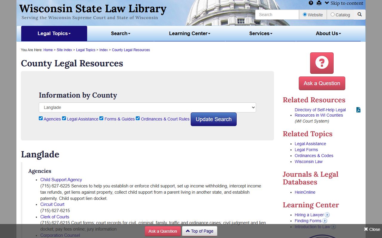 Langlade County obituary State Law Library directory