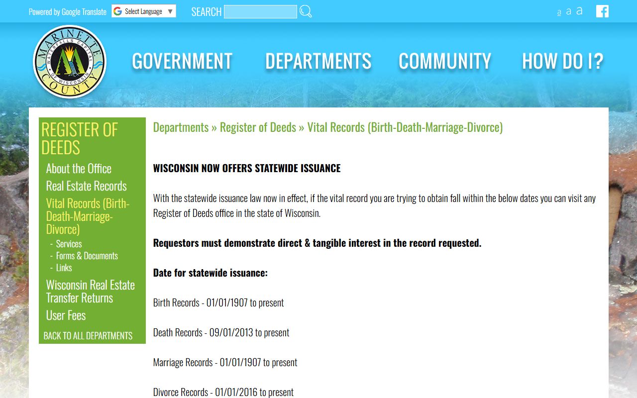 Marinette County obituary vital records request page