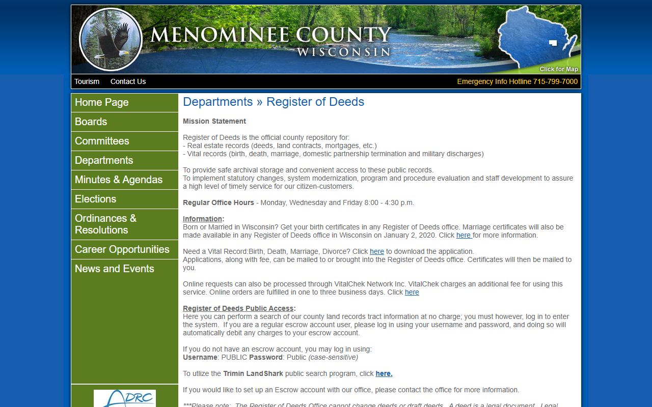 Menominee County obituary sources at the county departments page