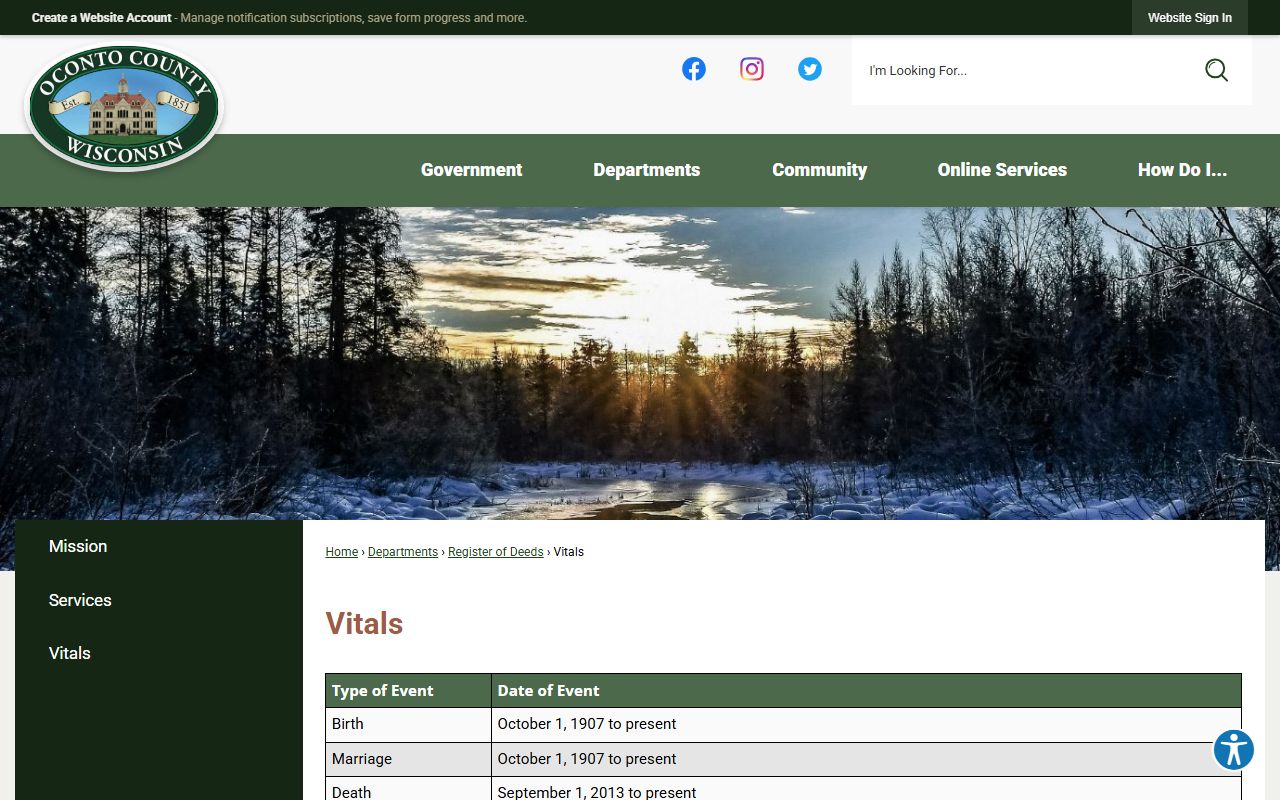 Oconto County obituary records at the Register of Deeds
