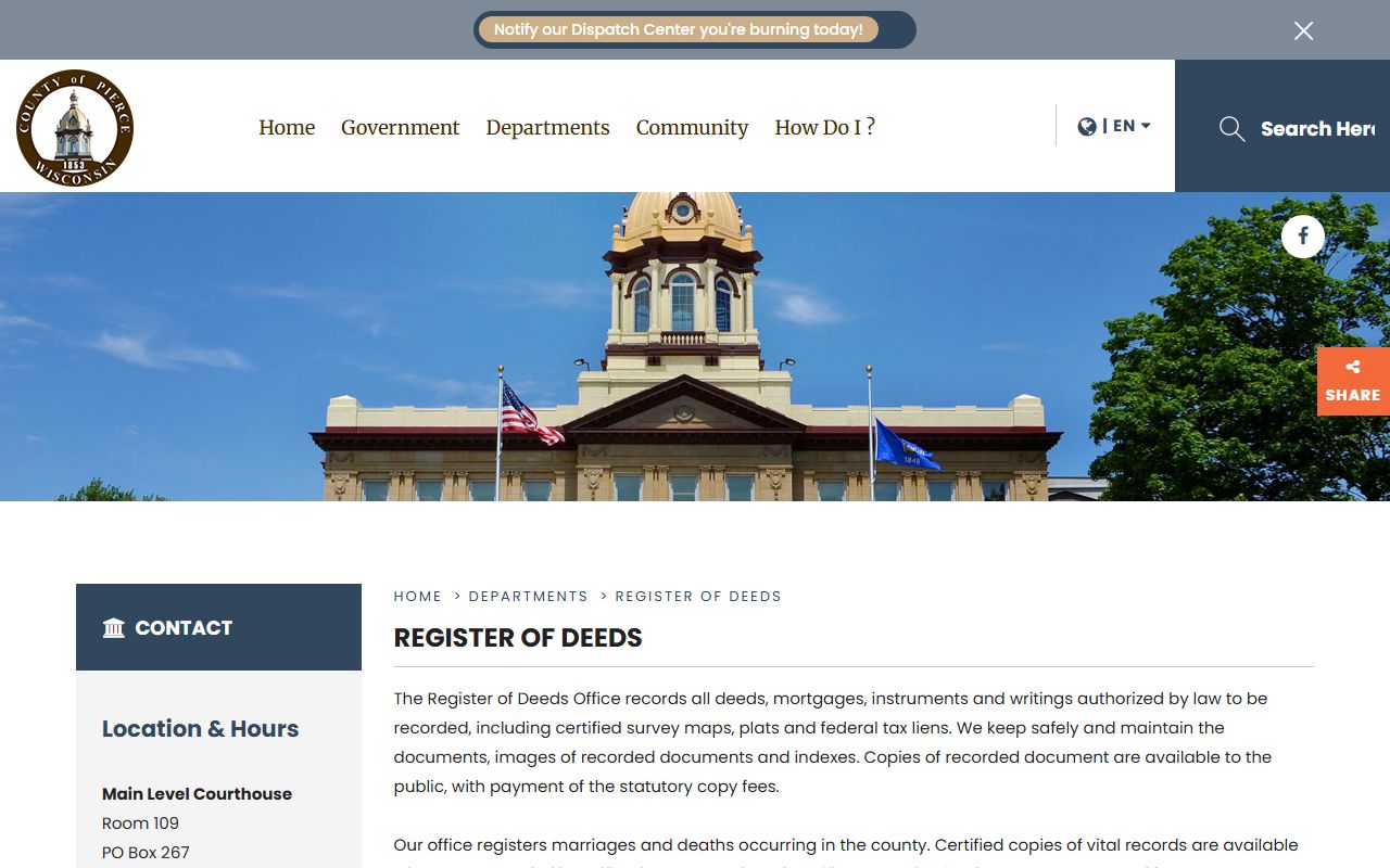 Pierce County obituary records at the Register of Deeds