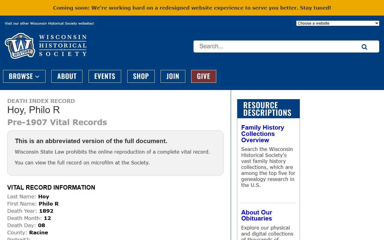 Racine County obituary Wisconsin Historical Society record