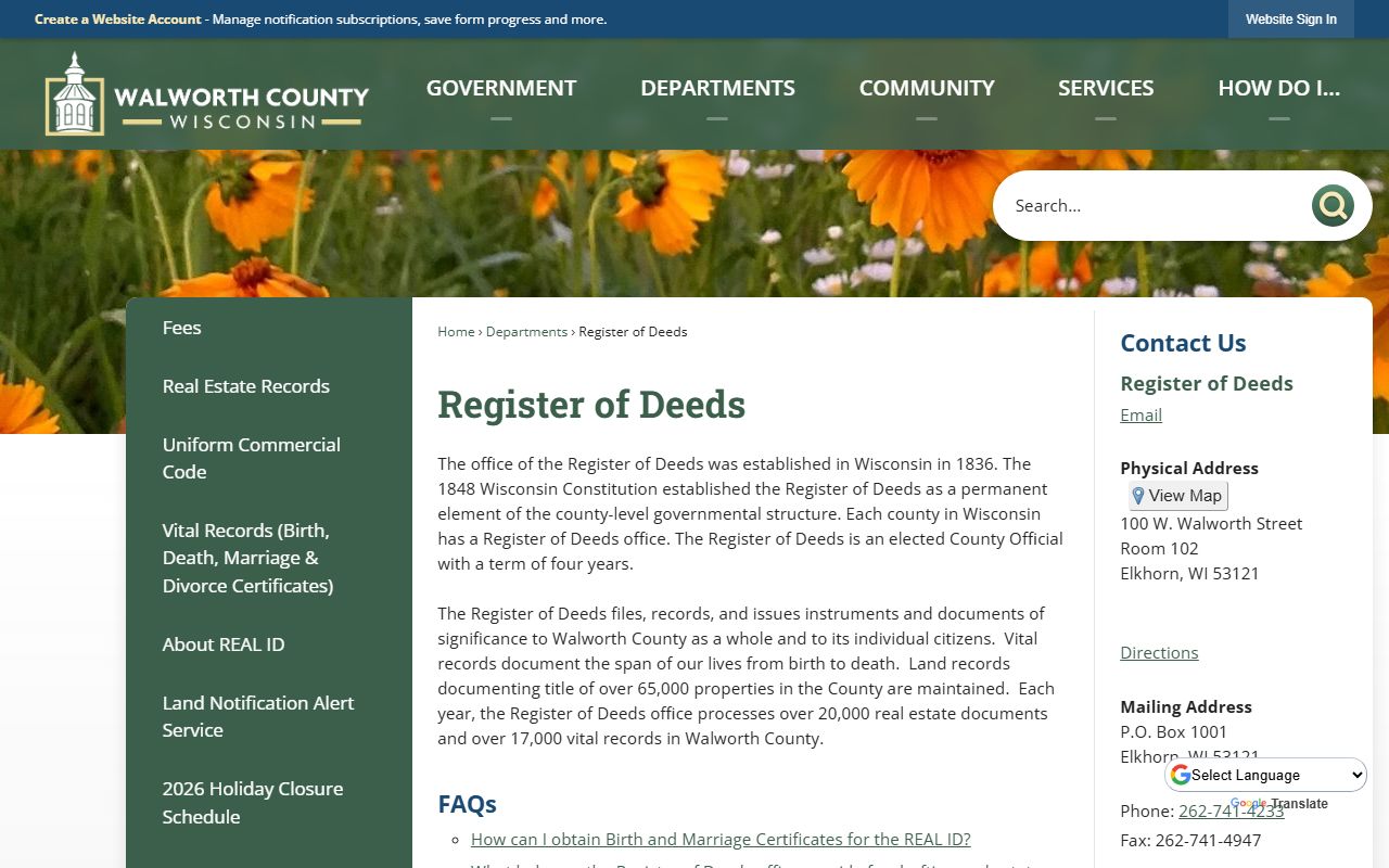 Walworth County obituary records at the Register of Deeds