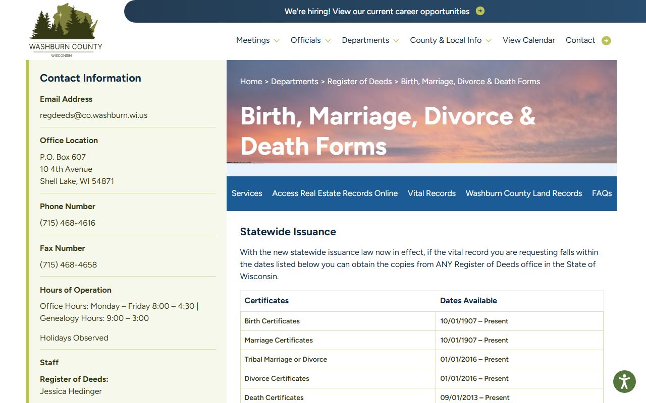 Washburn County obituary vital records forms