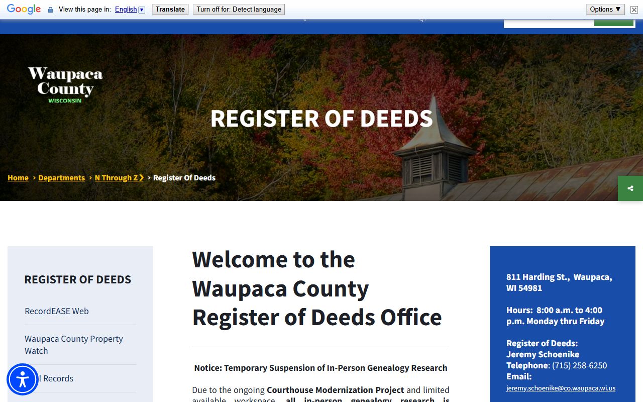 Waupaca County obituary records at the Register of Deeds