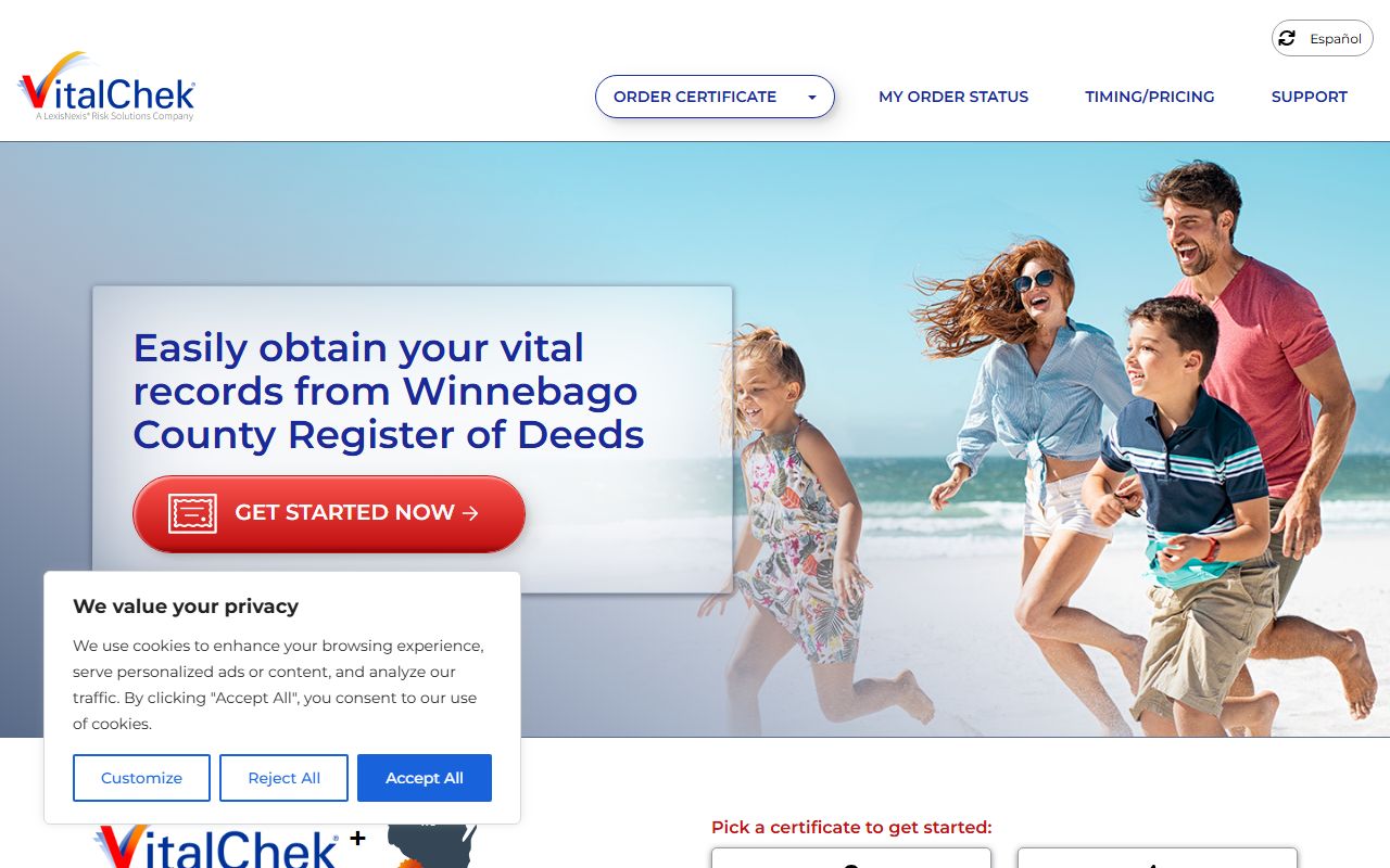 Winnebago County obituary VitalChek ordering page