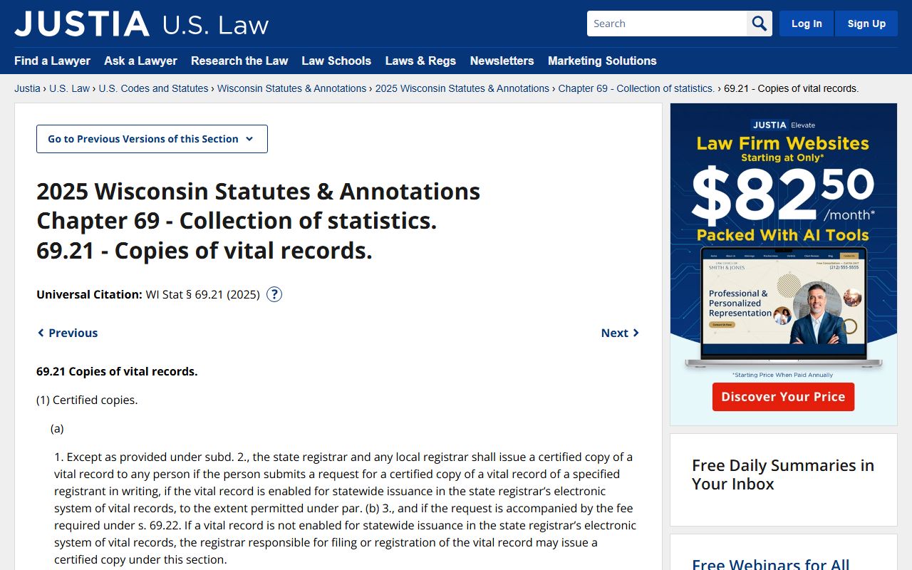 Oneida County obituary access rules and Wisconsin statute 69.21