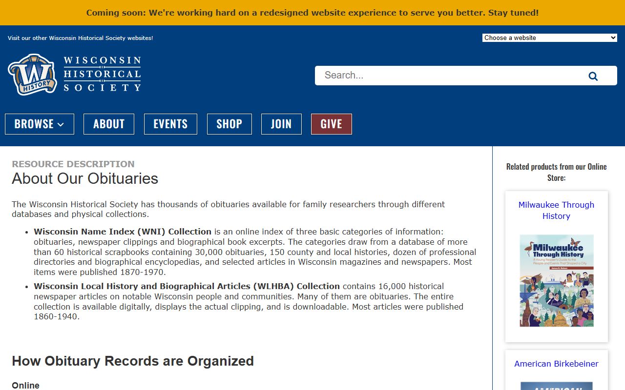 Wisconsin obituary records and Historical Society collections